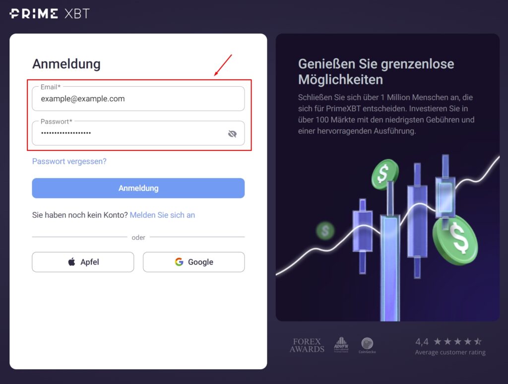 Login daten für PrimeXBT.