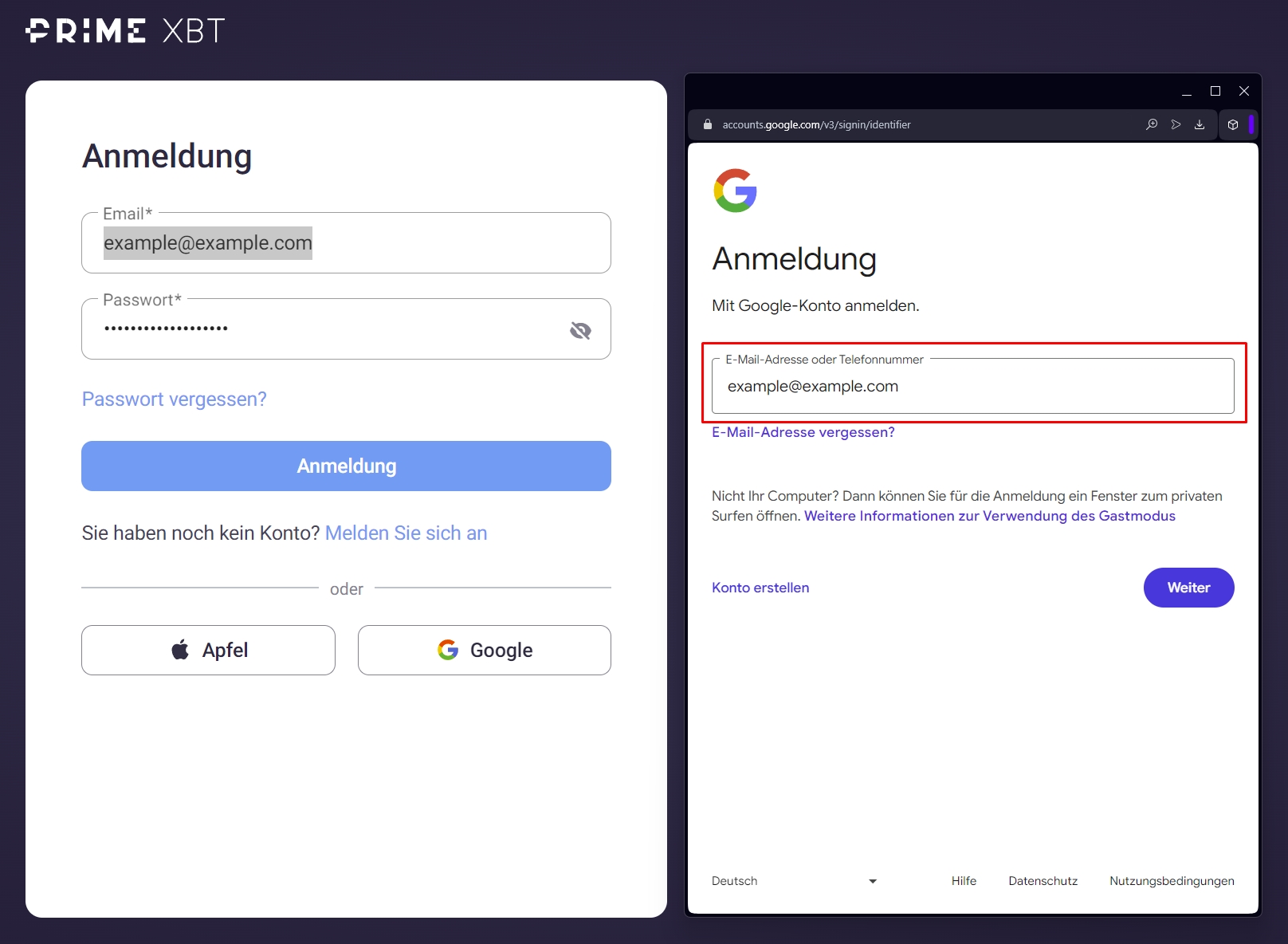 PrimeXBT login über google konto.