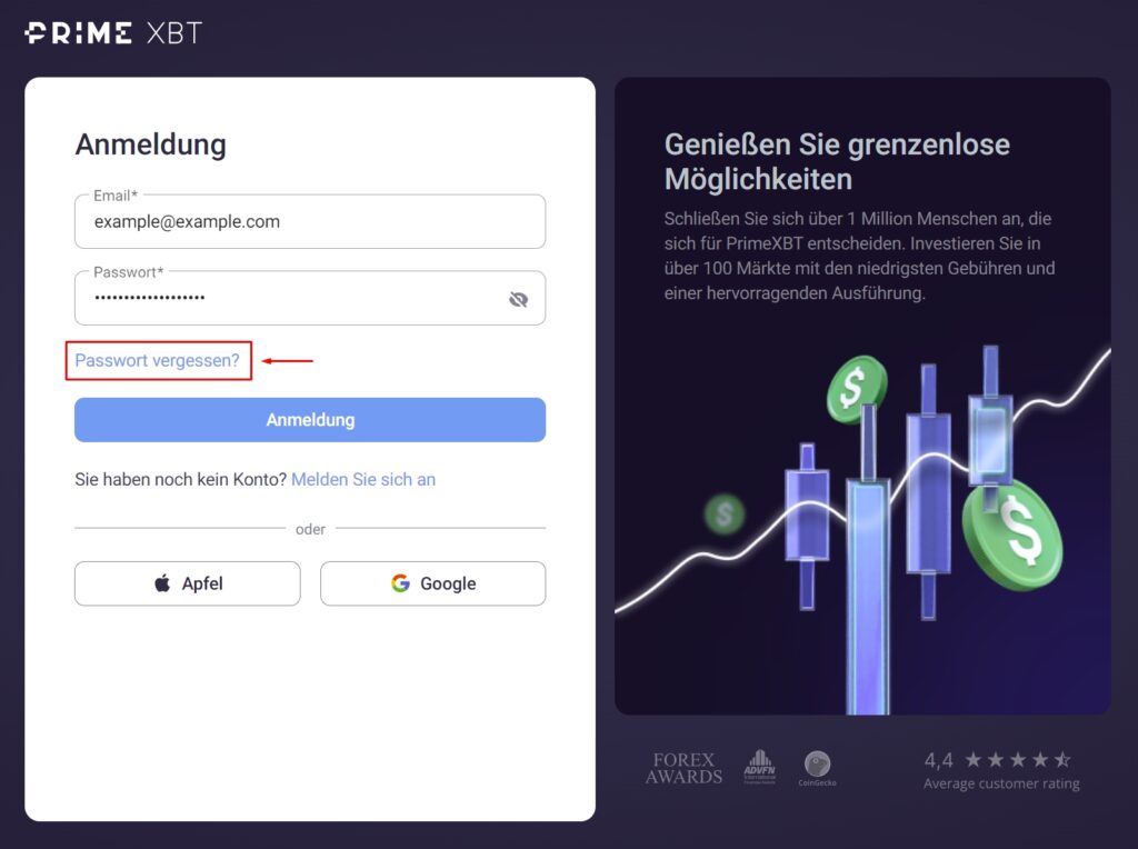 Passwort vergessen bei PrimeXBT.