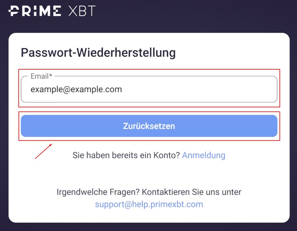 Passwortwiederherstellung bei PrimeXBT.