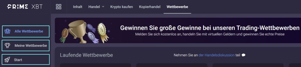 PrimeXBT wettbewerbe web interface.